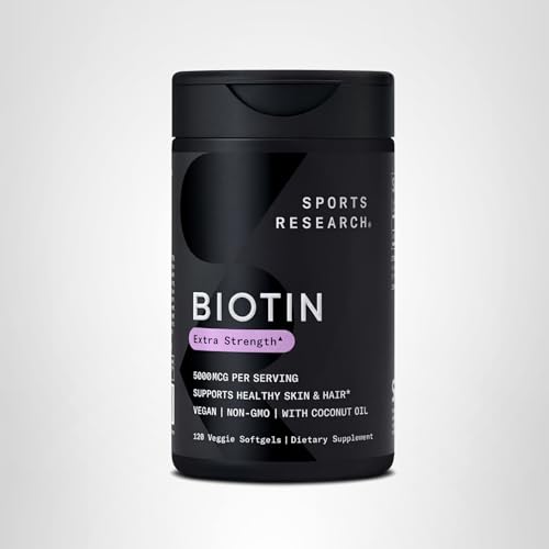 Sports Research® Biotin 10,000mcg with Organic Coconut Oil - Biotin (Vitamin B7) for Healthy Skin and Hair Support* - for Women and Men - Vegan, Non-GMO, Gluten & Soy-Free - 120 Veggie Softgels