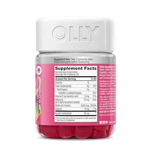 OLLY Undeniable Beauty Gummy, For Hair, Skin, Nails, Biotin, Vitamin C, Keratin, Chewable Supplement, Grapefruit, 30 Day Supply - 60 Count