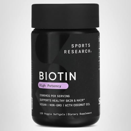 Sports Research® Biotin 10,000mcg with Organic Coconut Oil - Biotin (Vitamin B7) for Healthy Skin and Hair Support* - for Women and Men - Vegan, Non-GMO, Gluten & Soy-Free - 120 Veggie Softgels