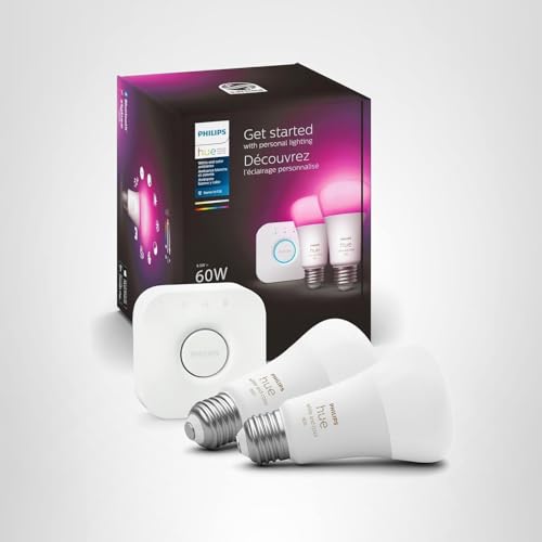 Philips Hue Smart Light Bulbs Starter Kit, Includes (1) Bridge, (2) 60W A19 Bulbs, White and Color Ambiance LED Color Changing Lights, 800LM, E26, Control with App or Voice Assistant