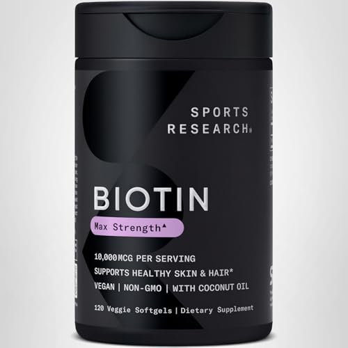 Sports Research® Biotin 10,000mcg with Organic Coconut Oil - Biotin (Vitamin B7) for Healthy Skin and Hair Support* - for Women and Men - Vegan, Non-GMO, Gluten & Soy-Free - 120 Veggie Softgels