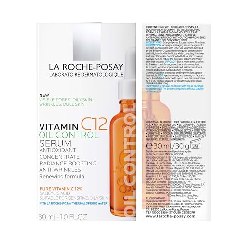 La Roche-Posay Pure 12% Vitamin C Serum For Face With Hyaluronic Acid & Salicylic Acid, Hydrating Face Serum, Boost Radiance & Reduce Wrinkles, 2 Formulas for Normal or Oily Skin Control