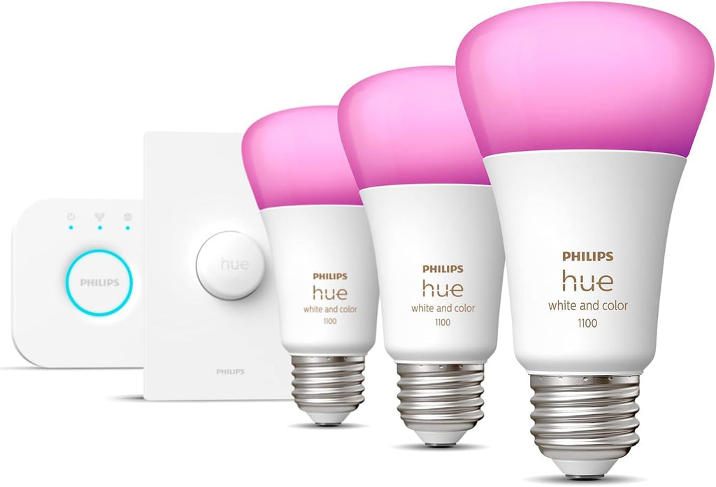 Philips Hue Smart Light Bulbs Starter Kit, Includes (1) Bridge, (2) 60W A19 Bulbs, White and Color Ambiance LED Color Changing Lights, 800LM, E26, Control with App or Voice Assistant