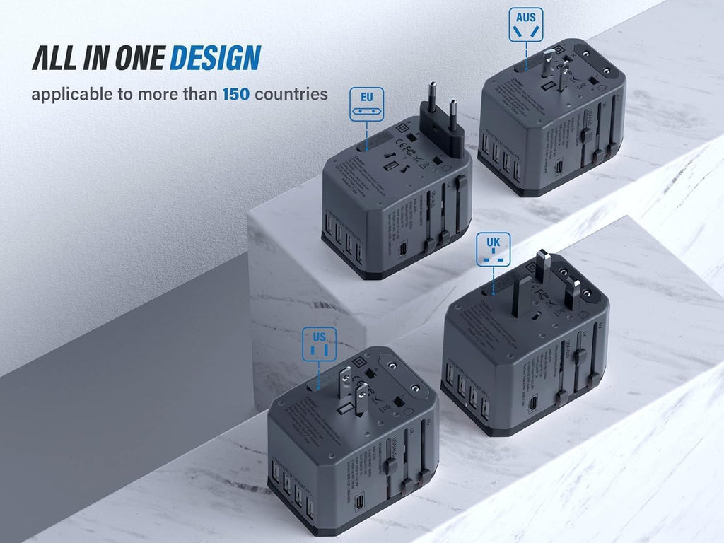 EPICKA Universal Travel Adapter, European Travel Plug Adapter (Not a Voltage Converter) - International Power Adapter Worldwide Charger with USB-C & 4 USB-A Ports, Travel Essentials (TA-105, Grey)