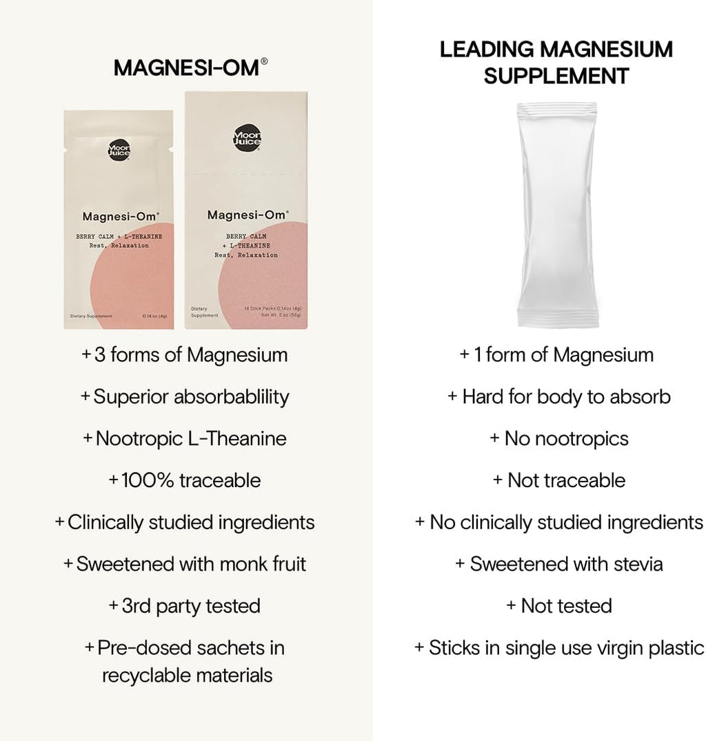 Moon Juice Magnesi-Om | Berry Calm + L-Theanine | for Natural Calm, Relaxation & Regularity | Magnesium Acetyl Taurinate, Gluconate, Citrate | Sugar Free Berry Flavor Sticks (2oz)