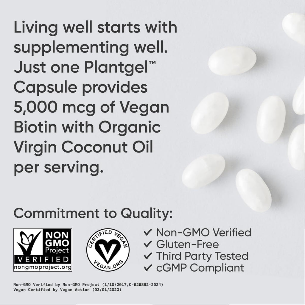 Sports Research® Biotin 10,000mcg with Organic Coconut Oil - Biotin (Vitamin B7) for Healthy Skin and Hair Support* - for Women and Men - Vegan, Non-GMO, Gluten & Soy-Free - 120 Veggie Softgels