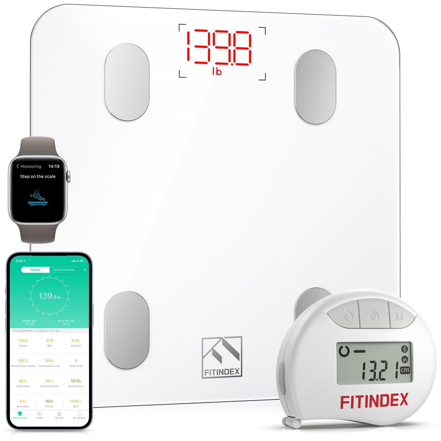 FITINDEX Smart Scale for Body Weight, Scale with BMI, Body Fat, Muscle Mass, Digital, Bathroom, Weighing, Bluetooth, Body Composition Monitor Health Analyzer with App, 400lb, Black