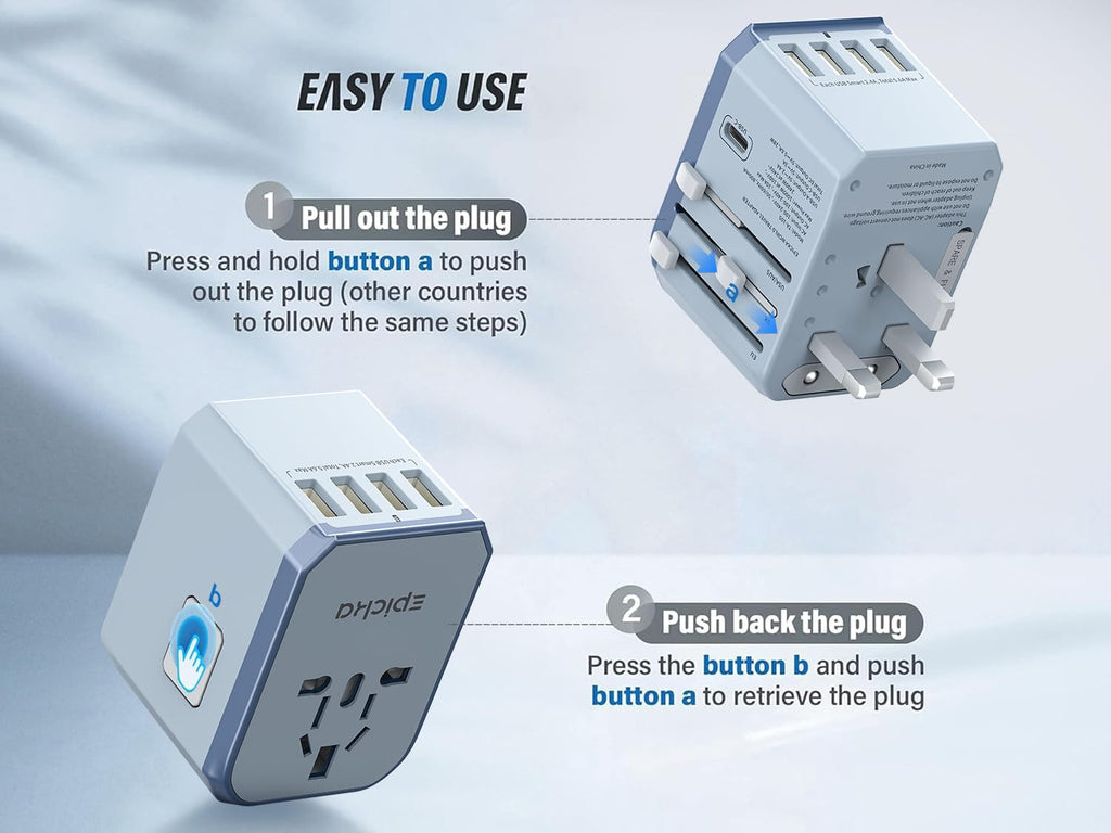 EPICKA Universal Travel Adapter, European Travel Plug Adapter (Not a Voltage Converter) - International Power Adapter Worldwide Charger with USB-C & 4 USB-A Ports, Travel Essentials (TA-105, Grey)