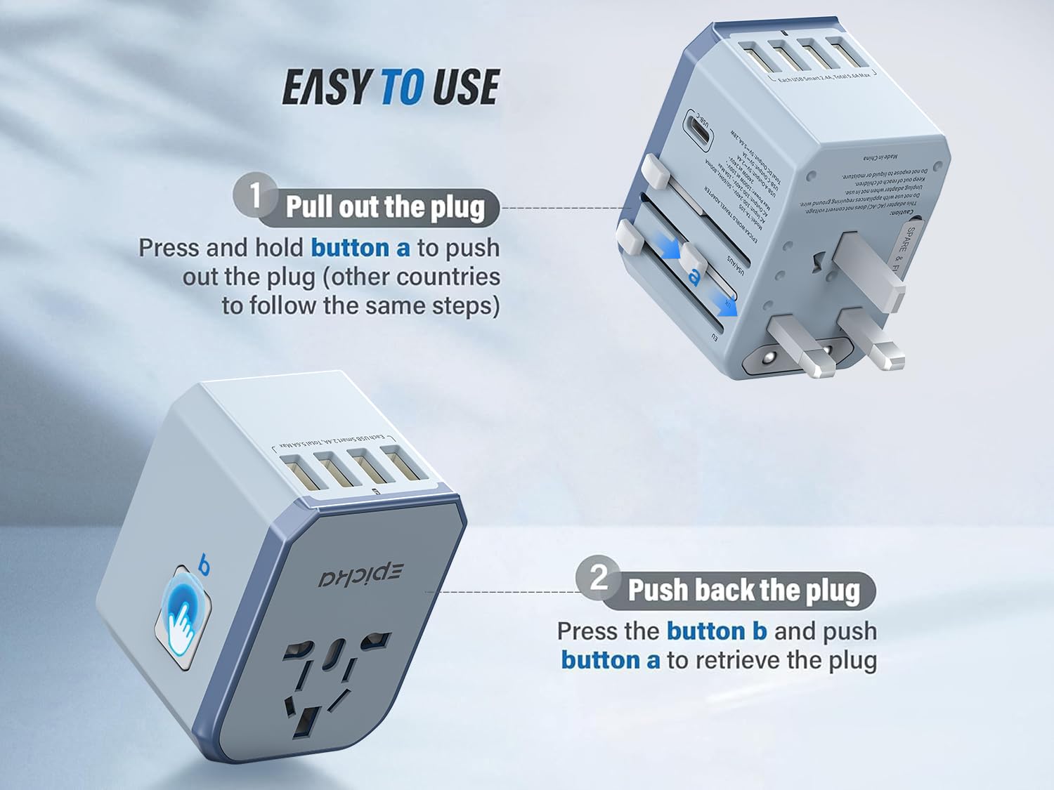 EPICKA Universal Travel Adapter, European Travel Plug Adapter (Not a Voltage Converter) - International Power Adapter Worldwide Charger with USB-C & 4 USB-A Ports, Travel Essentials (TA-105, Grey)