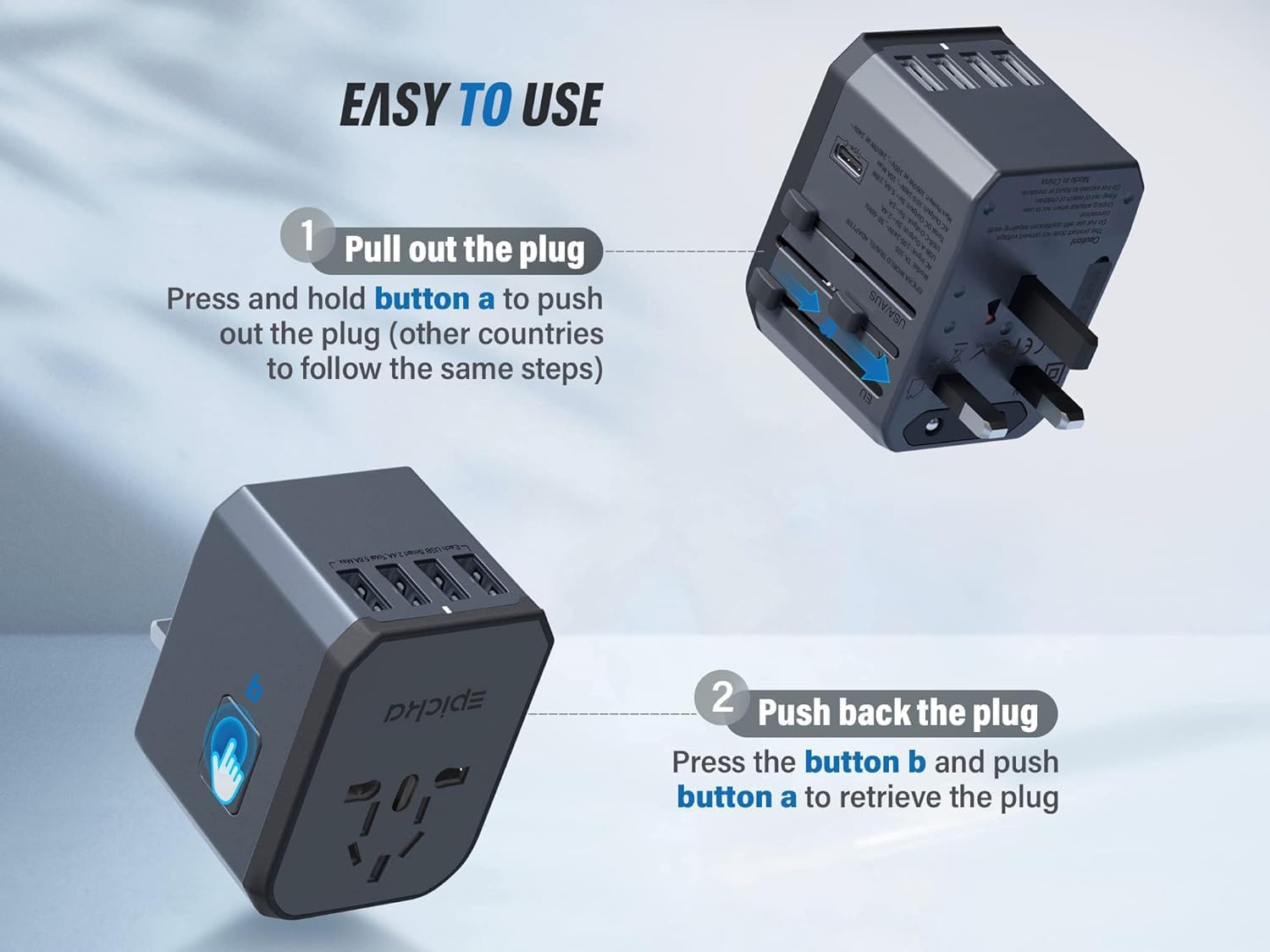 EPICKA Universal Travel Adapter, European Travel Plug Adapter (Not a Voltage Converter) - International Power Adapter Worldwide Charger with USB-C & 4 USB-A Ports, Travel Essentials (TA-105, Grey)