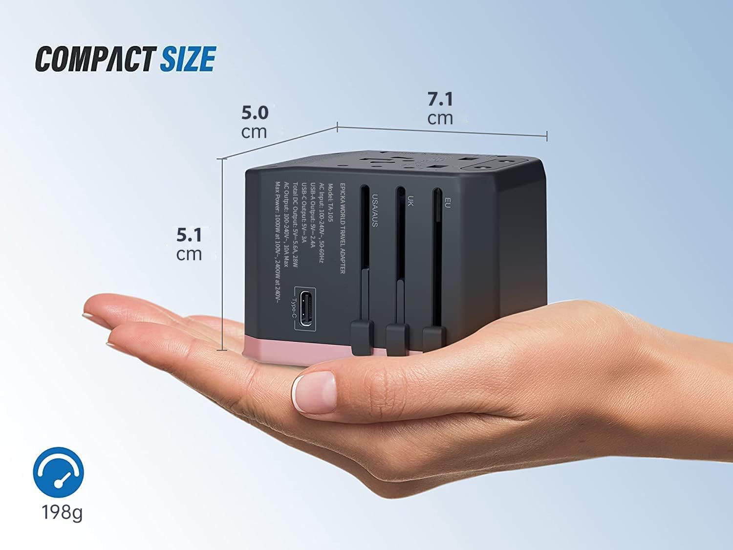 EPICKA Universal Travel Adapter, European Travel Plug Adapter (Not a Voltage Converter) - International Power Adapter Worldwide Charger with USB-C & 4 USB-A Ports, Travel Essentials (TA-105, Grey)