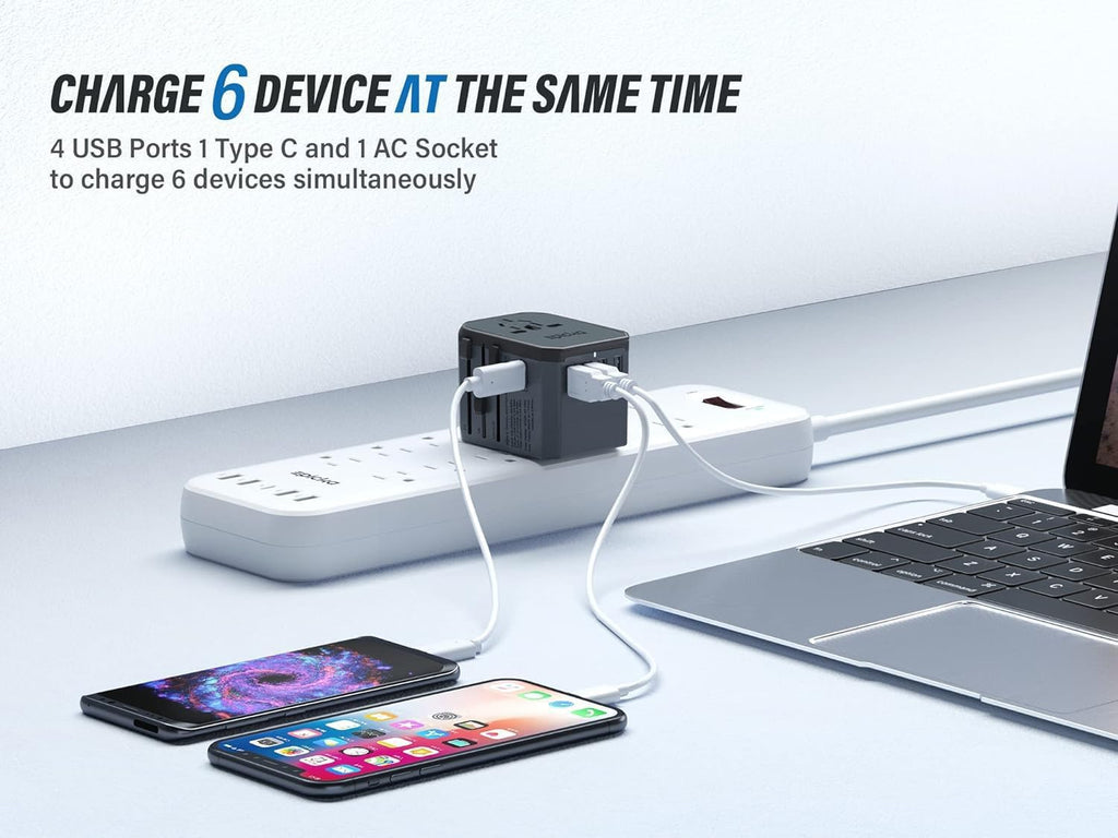 EPICKA Universal Travel Adapter, European Travel Plug Adapter (Not a Voltage Converter) - International Power Adapter Worldwide Charger with USB-C & 4 USB-A Ports, Travel Essentials (TA-105, Grey)