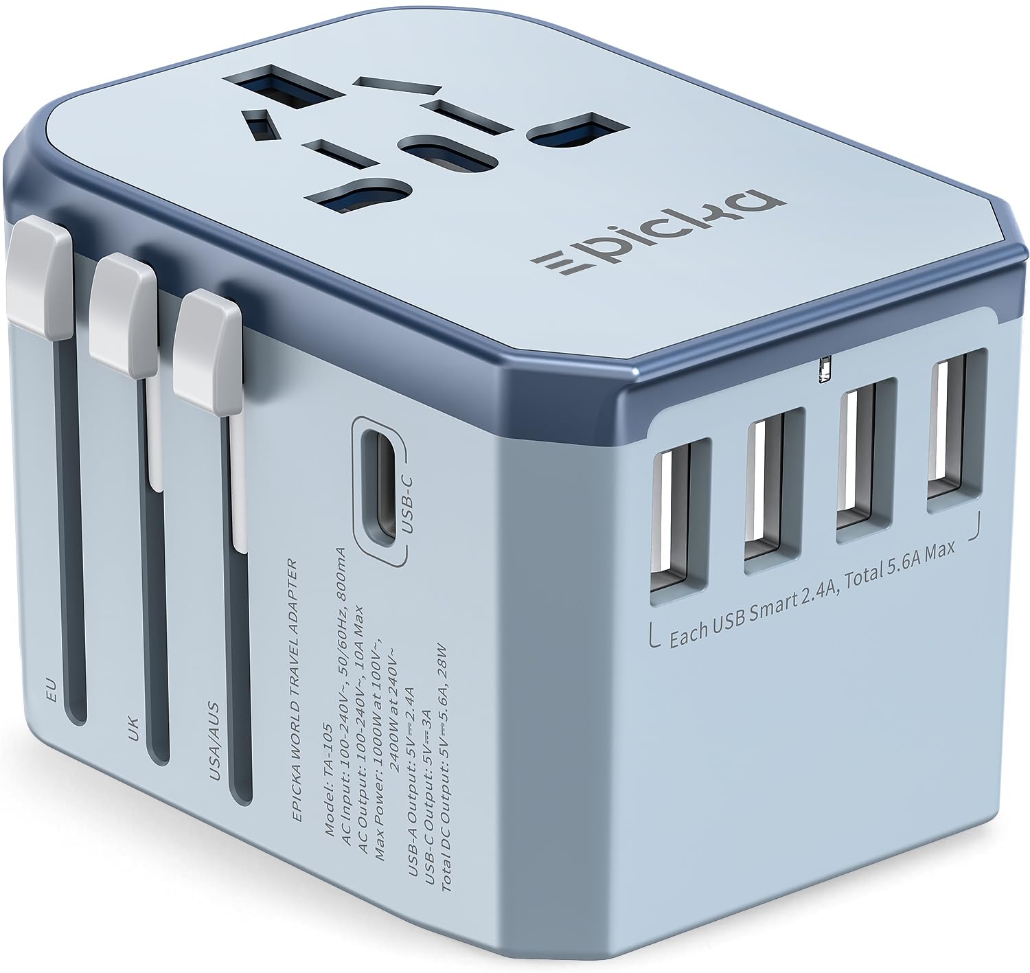 EPICKA Universal Travel Adapter, European Travel Plug Adapter (Not a Voltage Converter) - International Power Adapter Worldwide Charger with USB-C & 4 USB-A Ports, Travel Essentials (TA-105, Grey)