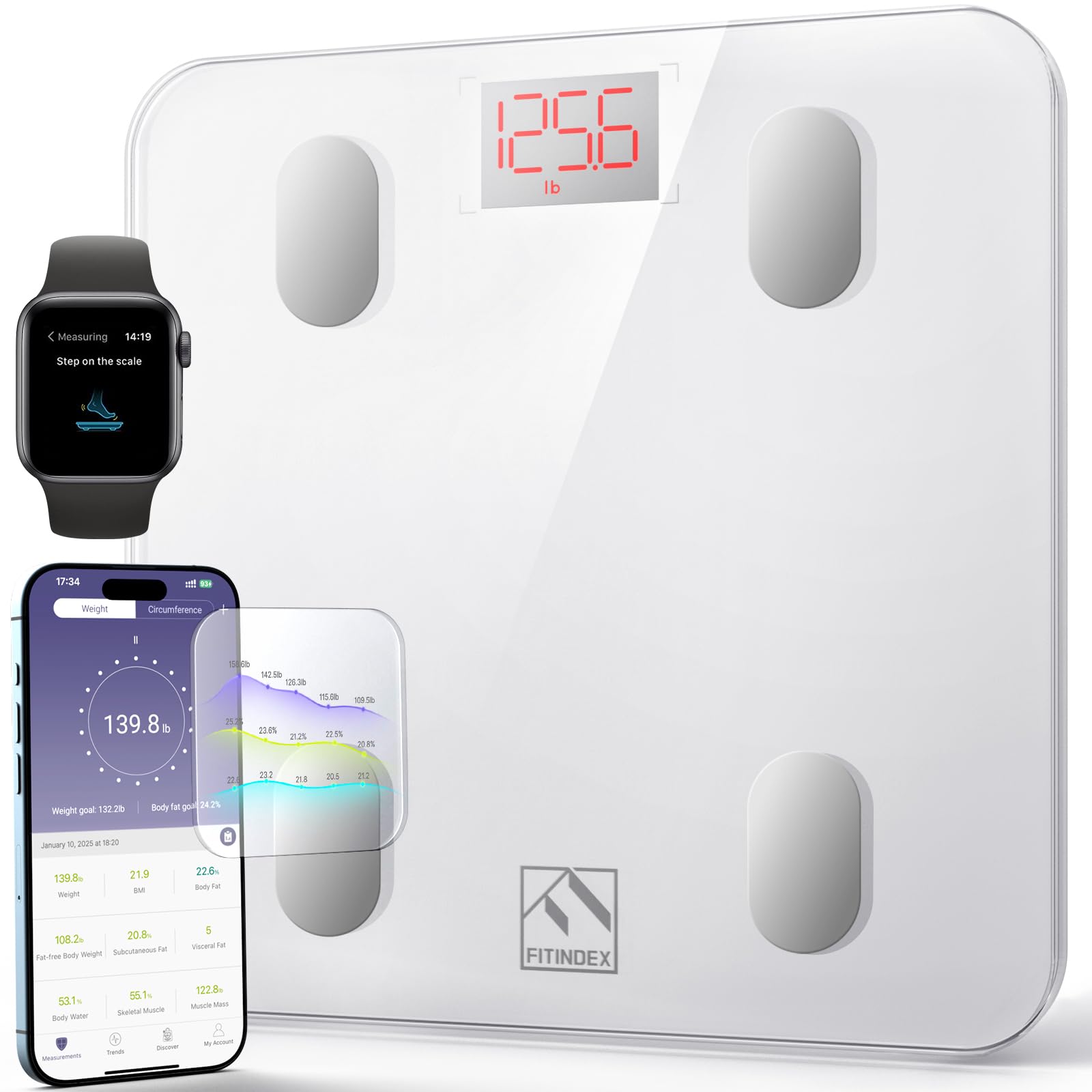 FITINDEX Smart Scale for Body Weight, Scale with BMI, Body Fat, Muscle Mass, Digital, Bathroom, Weighing, Bluetooth, Body Composition Monitor Health Analyzer with App, 400lb, Black