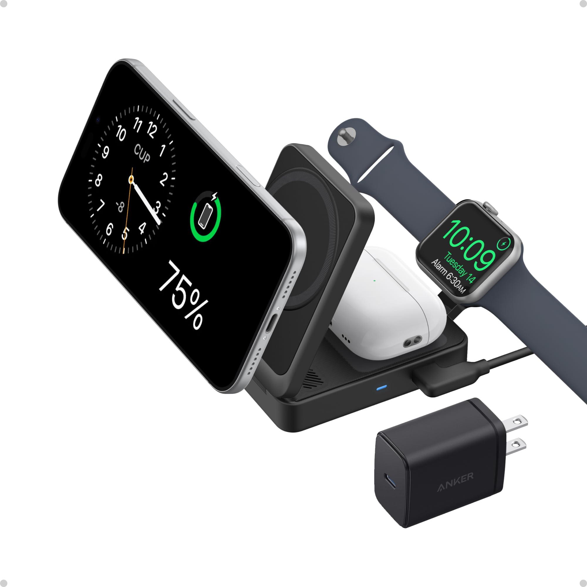 Anker MagGo 3 in 1 iPhone 17 Charging Station, MagSafe-Compatible Wireless Charger Stand, Qi2 Certified 15W Foldable Charger for iPhone 17/16/15/14/13/12, AirPods, Apple Watch Ultra(Adapter Included)