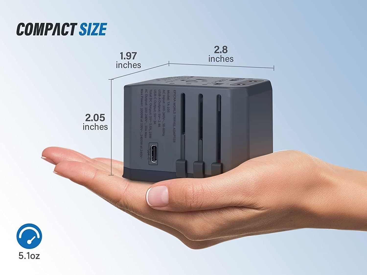 EPICKA Universal Travel Adapter, European Travel Plug Adapter (Not a Voltage Converter) - International Power Adapter Worldwide Charger with USB-C & 4 USB-A Ports, Travel Essentials (TA-105, Grey)
