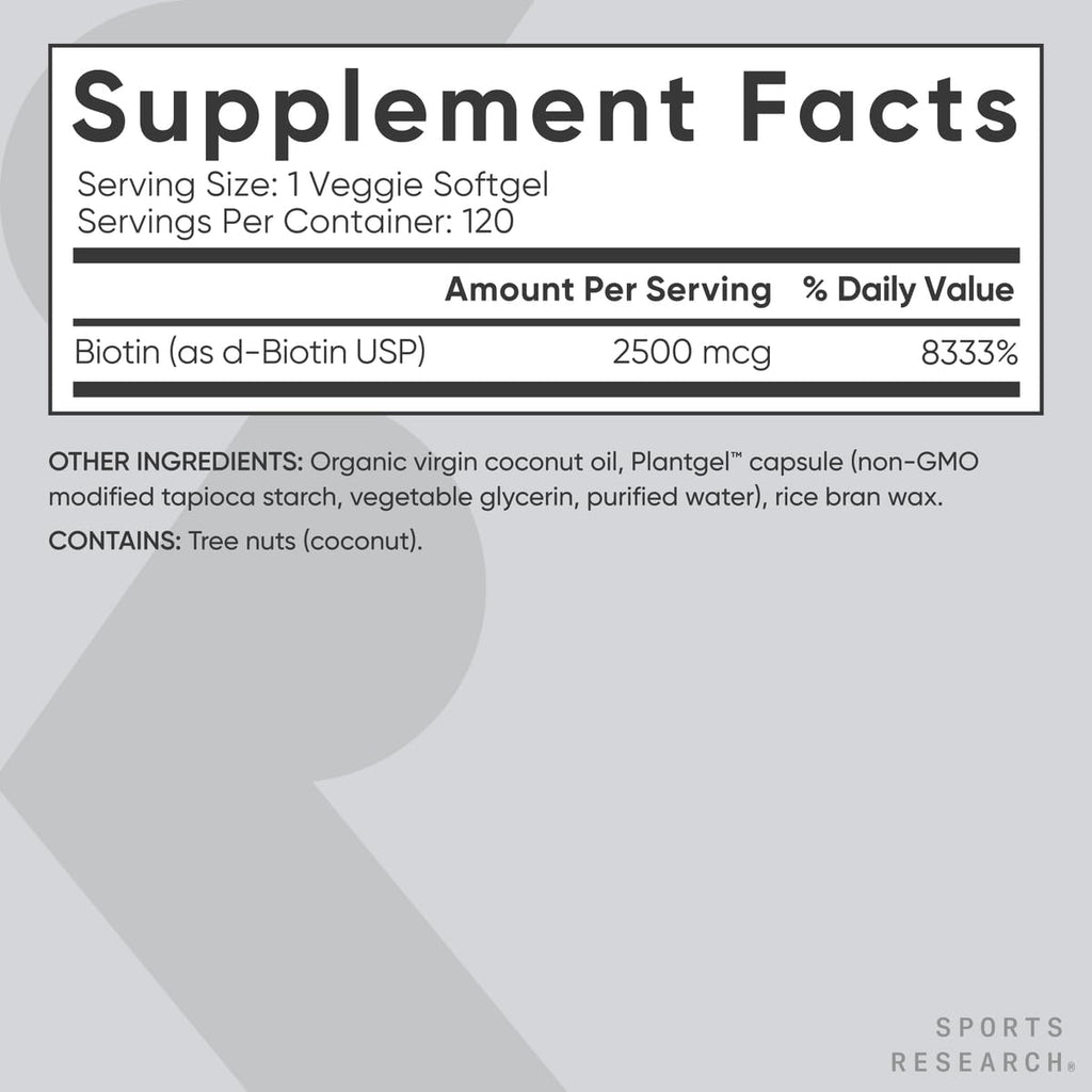 Sports Research® Biotin 10,000mcg with Organic Coconut Oil - Biotin (Vitamin B7) for Healthy Skin and Hair Support* - for Women and Men - Vegan, Non-GMO, Gluten & Soy-Free - 120 Veggie Softgels