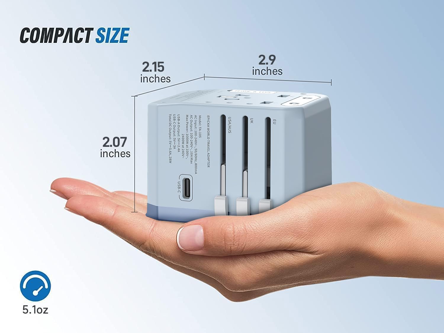 EPICKA Universal Travel Adapter, European Travel Plug Adapter (Not a Voltage Converter) - International Power Adapter Worldwide Charger with USB-C & 4 USB-A Ports, Travel Essentials (TA-105, Grey)
