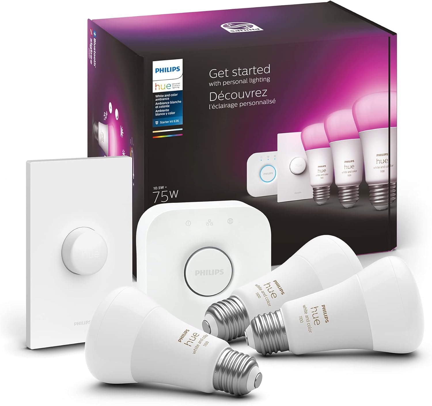 Philips Hue Smart Light Bulbs Starter Kit, Includes (1) Bridge, (2) 60W A19 Bulbs, White and Color Ambiance LED Color Changing Lights, 800LM, E26, Control with App or Voice Assistant