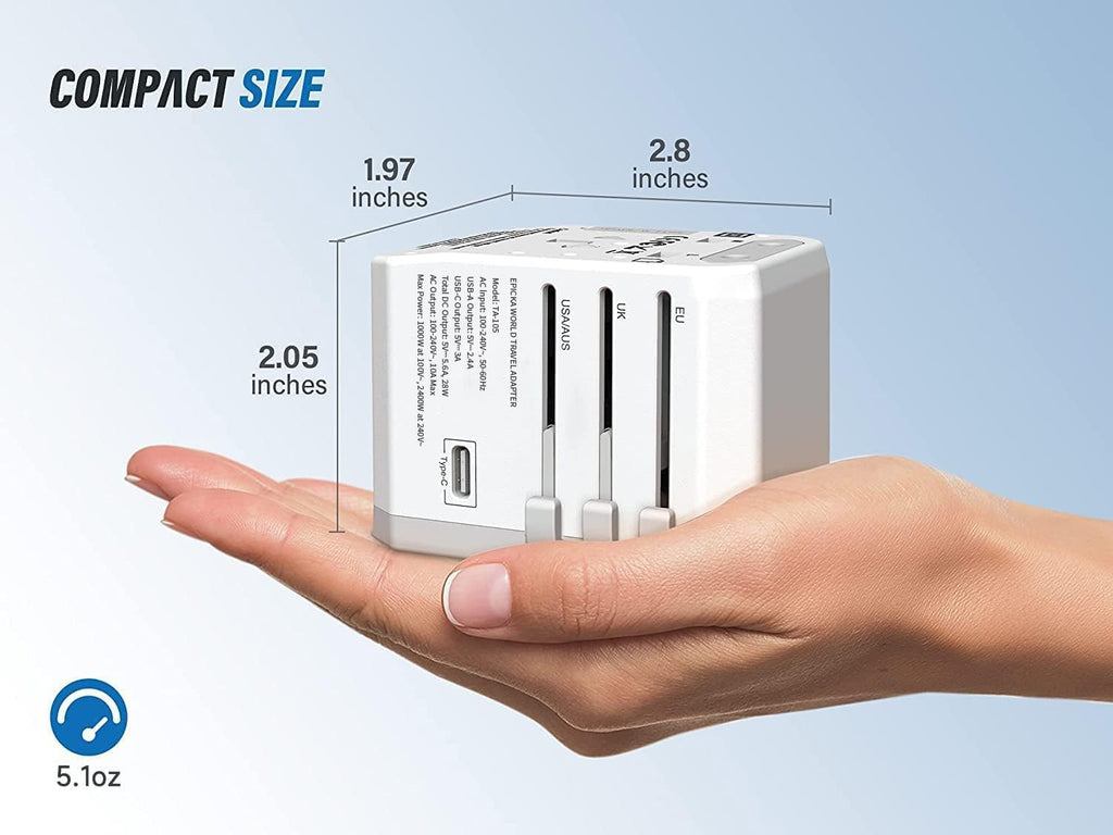 EPICKA Universal Travel Adapter, European Travel Plug Adapter (Not a Voltage Converter) - International Power Adapter Worldwide Charger with USB-C & 4 USB-A Ports, Travel Essentials (TA-105, Grey)