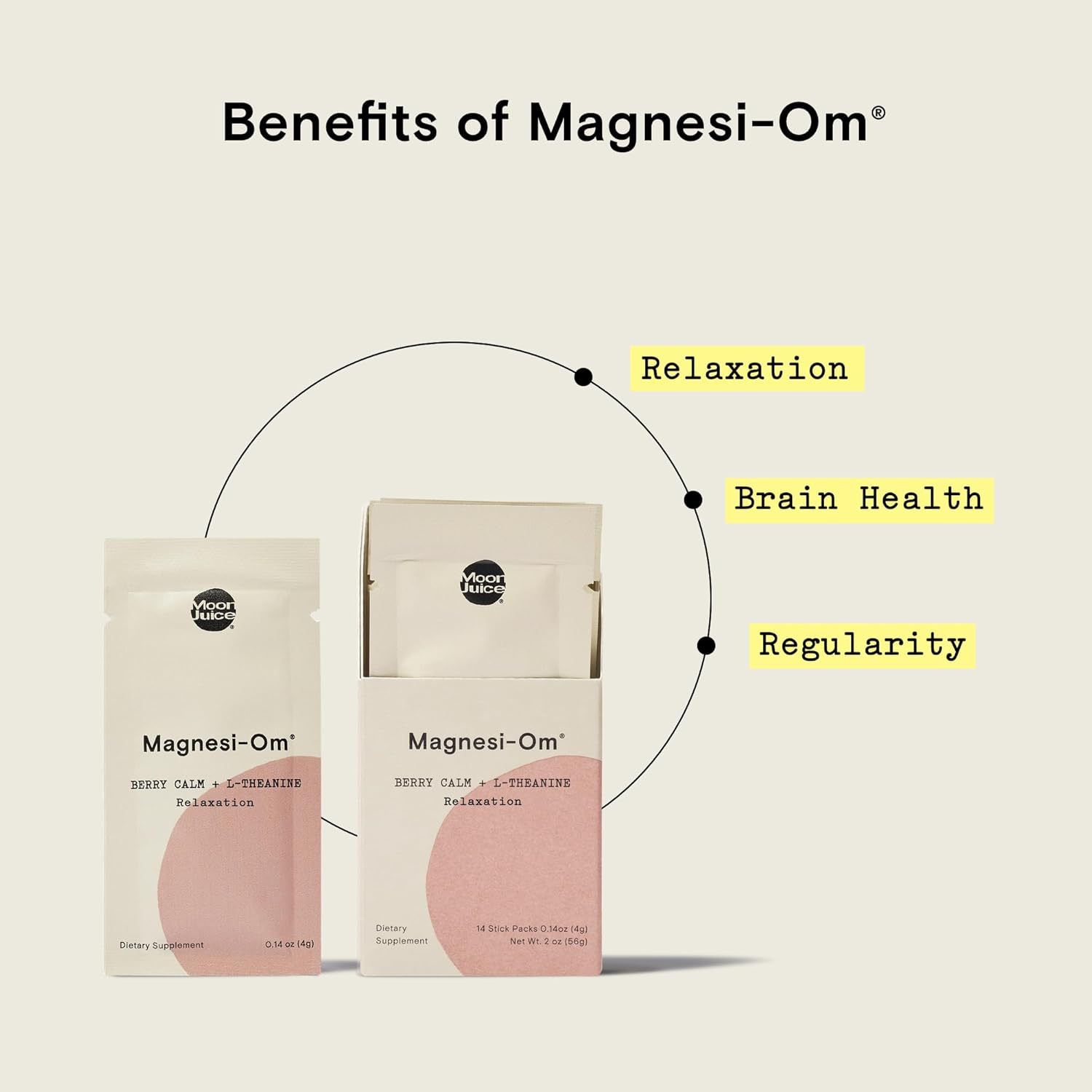 Moon Juice Magnesi-Om | Berry Calm + L-Theanine | for Natural Calm, Relaxation & Regularity | Magnesium Acetyl Taurinate, Gluconate, Citrate | Sugar Free Berry Flavor Sticks (2oz)