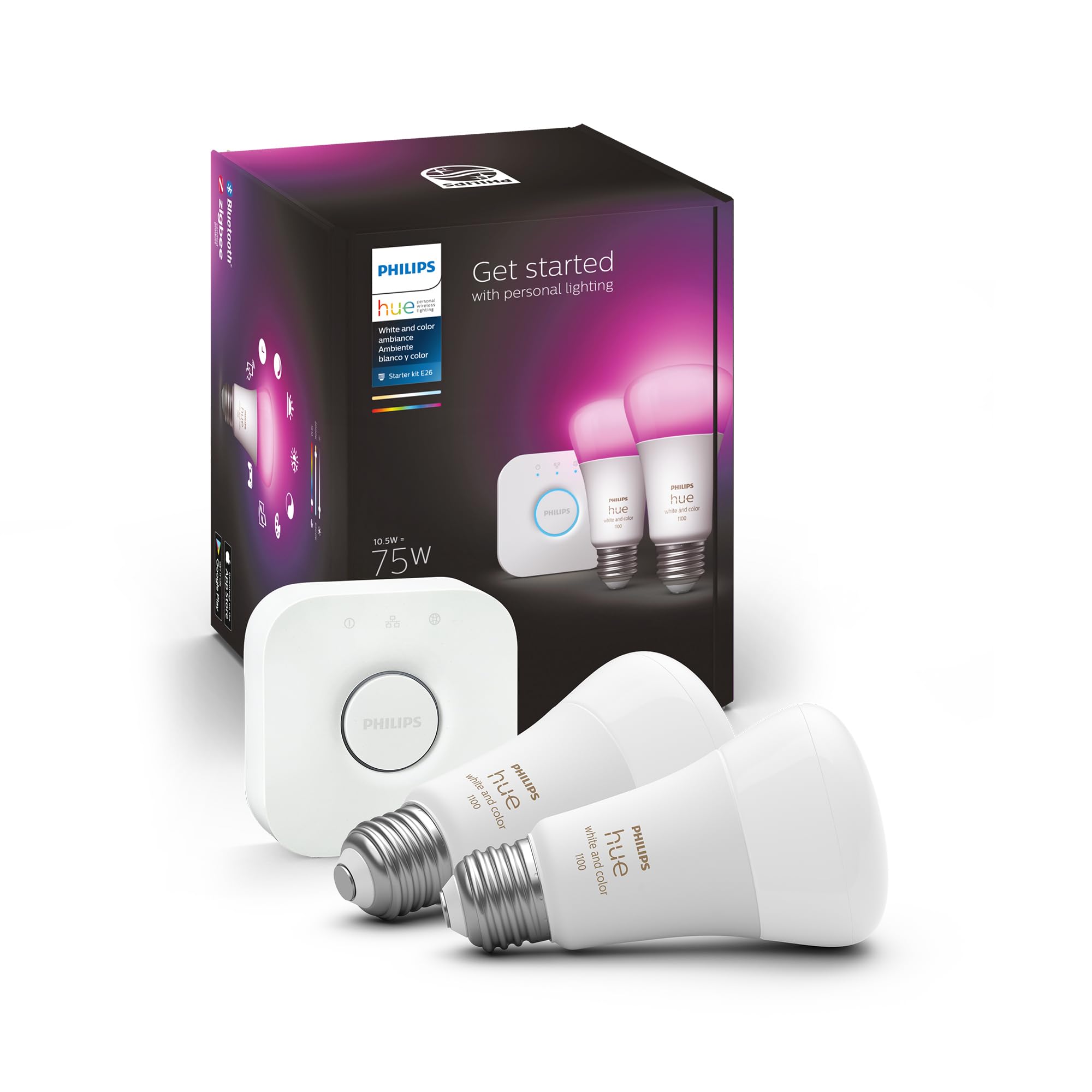 Philips Hue Smart Light Bulbs Starter Kit, Includes (1) Bridge, (2) 60W A19 Bulbs, White and Color Ambiance LED Color Changing Lights, 800LM, E26, Control with App or Voice Assistant