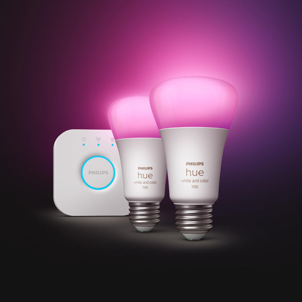 Philips Hue Smart Light Bulbs Starter Kit, Includes (1) Bridge, (2) 60W A19 Bulbs, White and Color Ambiance LED Color Changing Lights, 800LM, E26, Control with App or Voice Assistant
