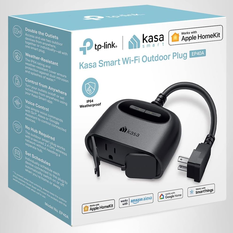 Kasa Outdoor Smart Plug, Smart Home Wi-Fi Outlet with 2 Sockets, IP64 Weather Resistance, Compatible with Alexa, Google Home & IFTTT, No Hub Required, ETL Certified(EP40), Black
