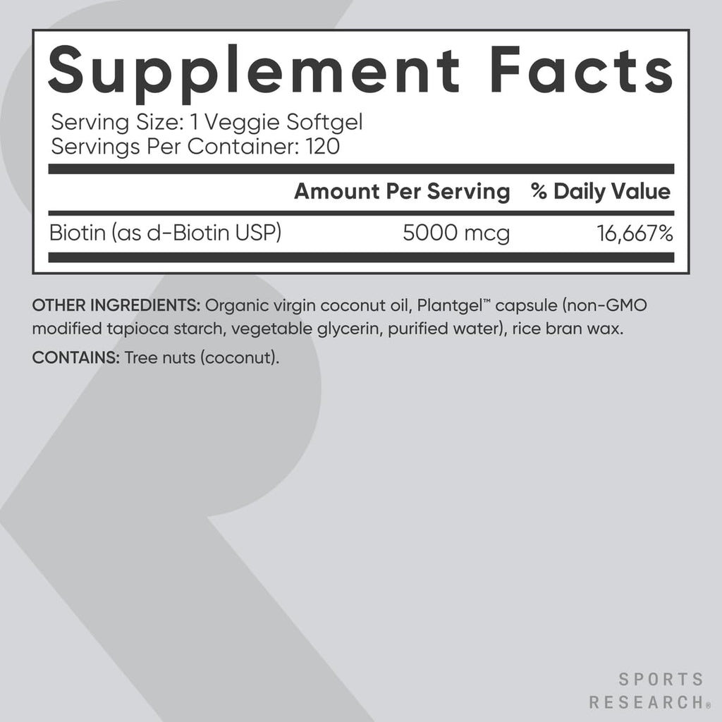 Sports Research® Biotin 10,000mcg with Organic Coconut Oil - Biotin (Vitamin B7) for Healthy Skin and Hair Support* - for Women and Men - Vegan, Non-GMO, Gluten & Soy-Free - 120 Veggie Softgels