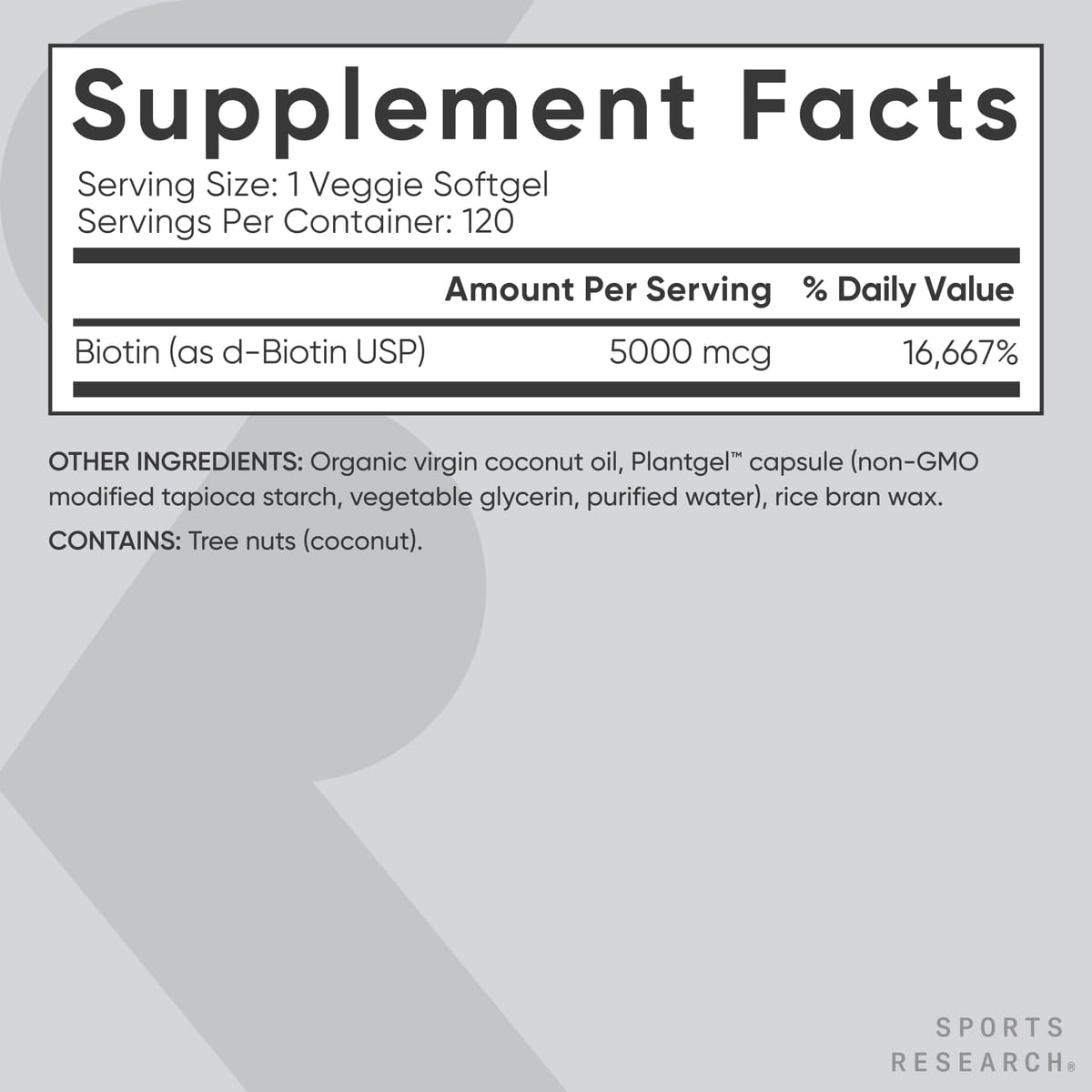 Sports Research® Biotin 10,000mcg with Organic Coconut Oil - Biotin (Vitamin B7) for Healthy Skin and Hair Support* - for Women and Men - Vegan, Non-GMO, Gluten & Soy-Free - 120 Veggie Softgels