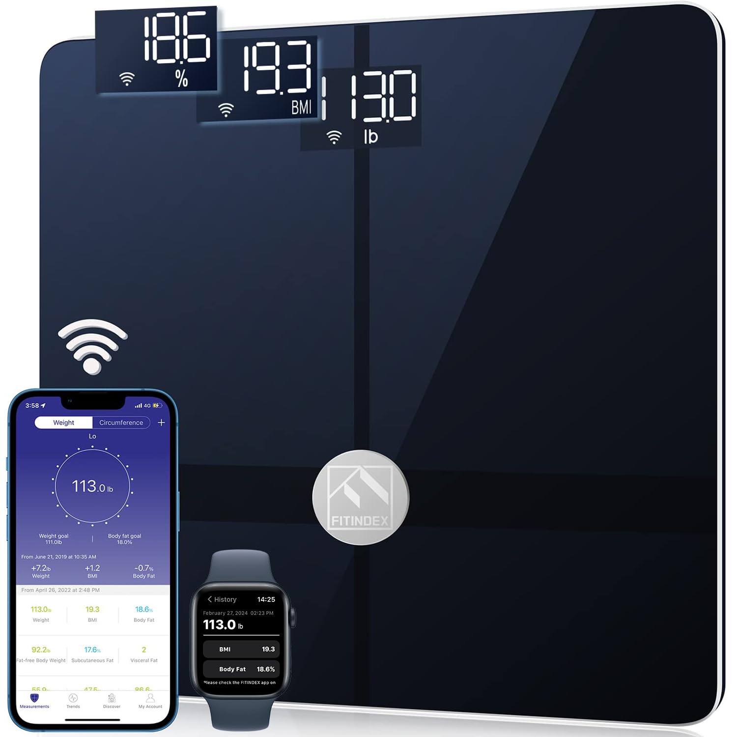 FITINDEX Smart Scale for Body Weight, Scale with BMI, Body Fat, Muscle Mass, Digital, Bathroom, Weighing, Bluetooth, Body Composition Monitor Health Analyzer with App, 400lb, Black