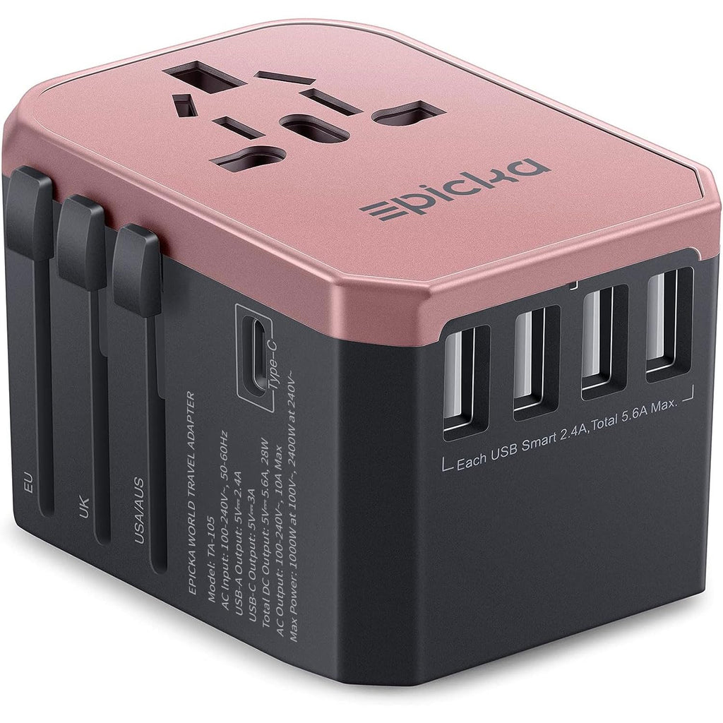 EPICKA Universal Travel Adapter, European Travel Plug Adapter (Not a Voltage Converter) - International Power Adapter Worldwide Charger with USB-C & 4 USB-A Ports, Travel Essentials (TA-105, Grey)