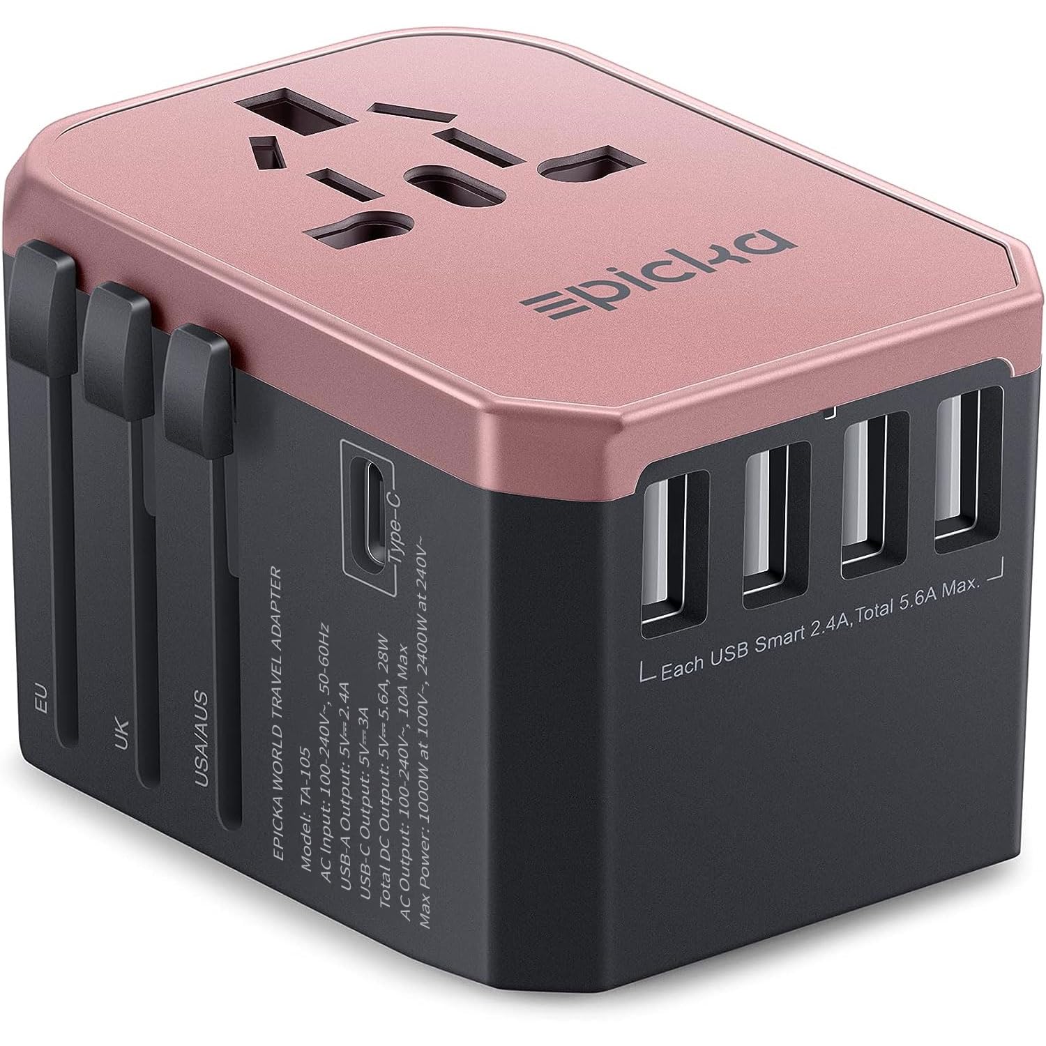 EPICKA Universal Travel Adapter, European Travel Plug Adapter (Not a Voltage Converter) - International Power Adapter Worldwide Charger with USB-C & 4 USB-A Ports, Travel Essentials (TA-105, Grey)