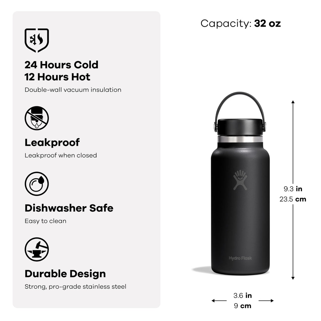 Hydro Flask Water Bottle - Insulated Stainless Steel - Wide Mouth Flex Lid, Non Spill, Leakproof and Refillable in 32 Oz White