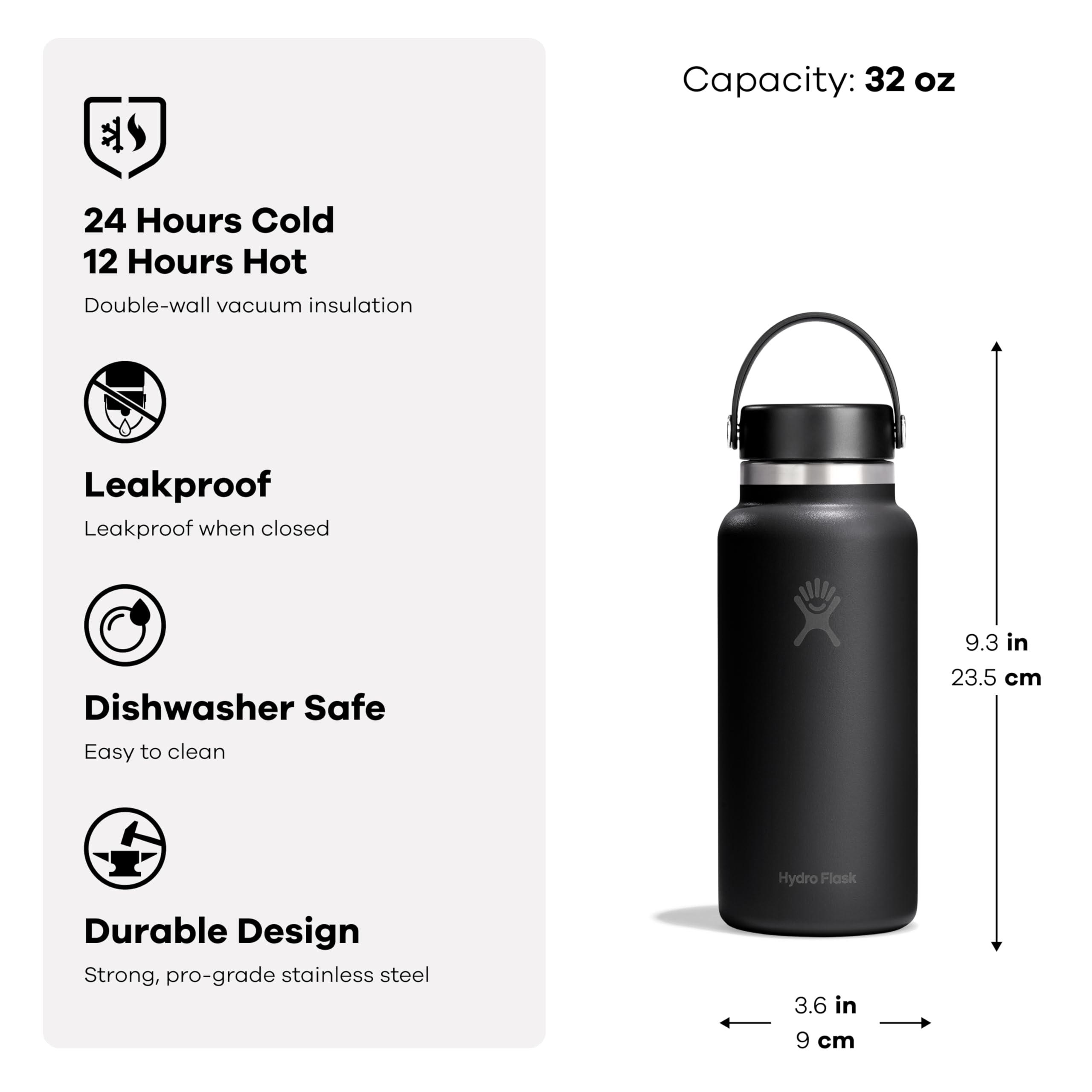 Hydro Flask Water Bottle - Insulated Stainless Steel - Wide Mouth Flex Lid, Non Spill, Leakproof and Refillable in 32 Oz White