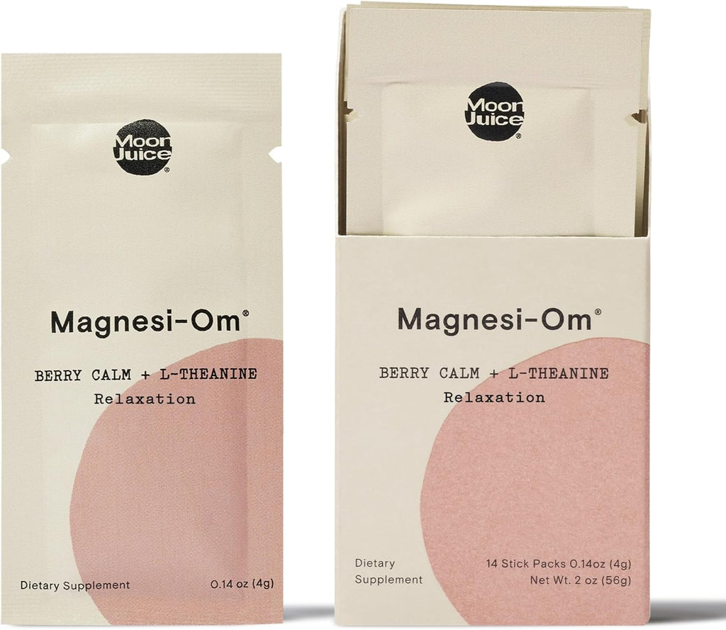 Moon Juice Magnesi-Om | Berry Calm + L-Theanine | for Natural Calm, Relaxation & Regularity | Magnesium Acetyl Taurinate, Gluconate, Citrate | Sugar Free Berry Flavor Sticks (2oz)