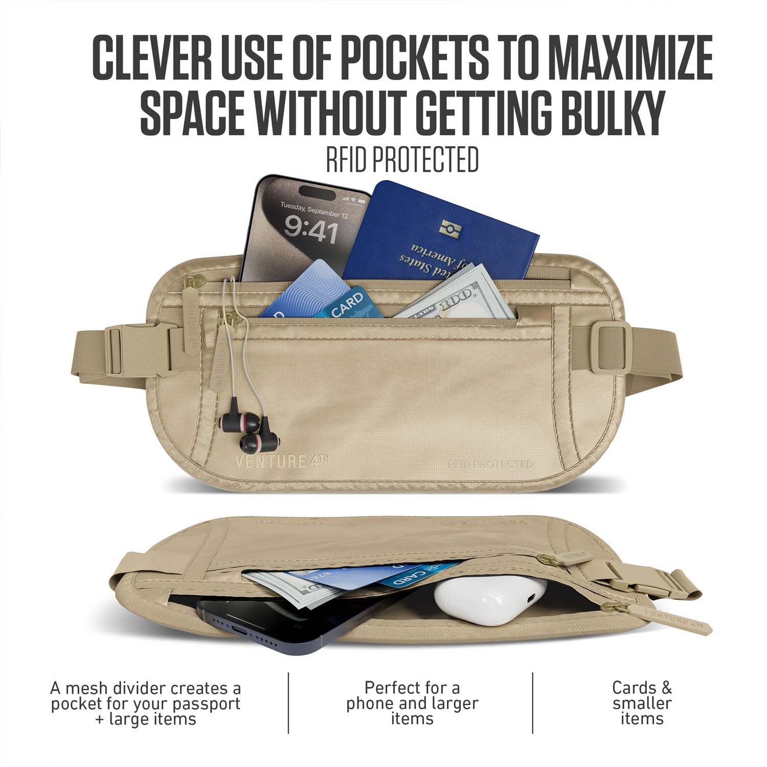 VENTURE 4TH Money Belt for Travel – Hidden Under-Clothes RFID Blocking Passport Holder & Slim Travel Wallet Pouch for Men & Women to Protect Cash, Cards & Documents (Gray)
