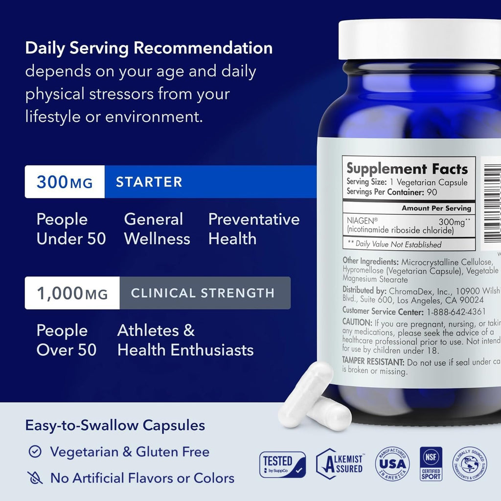 TRU NIAGEN Patented NAD Supplement for Brain Function, Anti Aging & Cell Regeneration, 300mg Niagen, 30 Servings | Supports Cellular Energy, Muscle | Nicotinamide Riboside (NR) Take 1 Daily | 1 Bottle