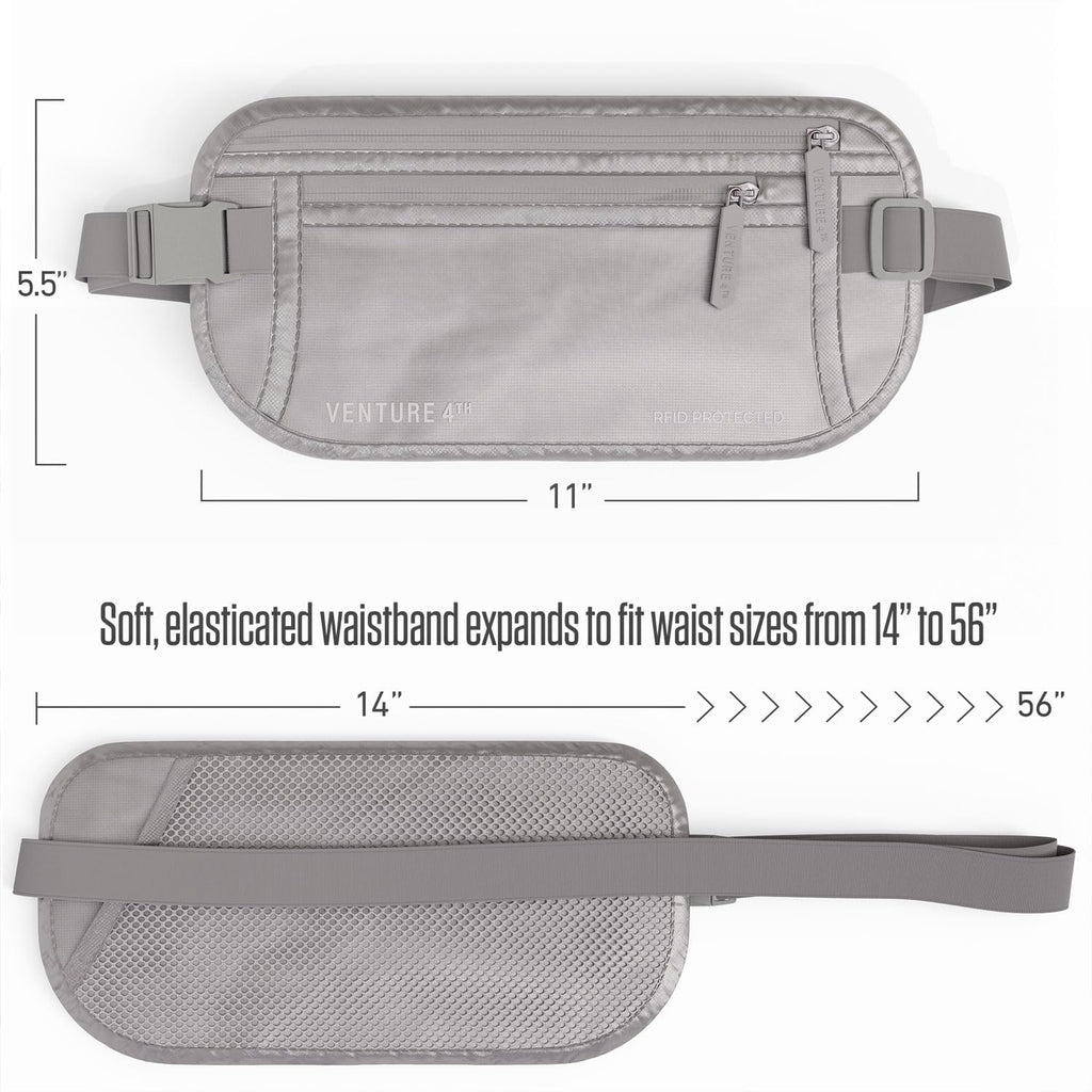 VENTURE 4TH Money Belt for Travel – Hidden Under-Clothes RFID Blocking Passport Holder & Slim Travel Wallet Pouch for Men & Women to Protect Cash, Cards & Documents (Gray)