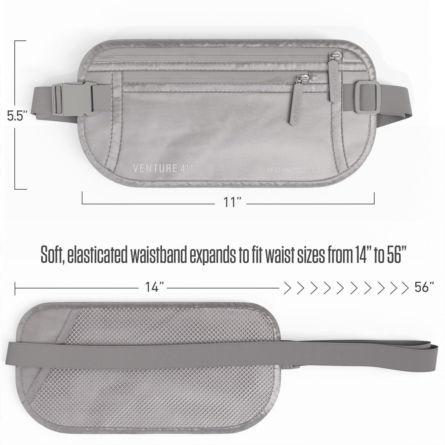 VENTURE 4TH Money Belt for Travel – Hidden Under-Clothes RFID Blocking Passport Holder & Slim Travel Wallet Pouch for Men & Women to Protect Cash, Cards & Documents (Gray)