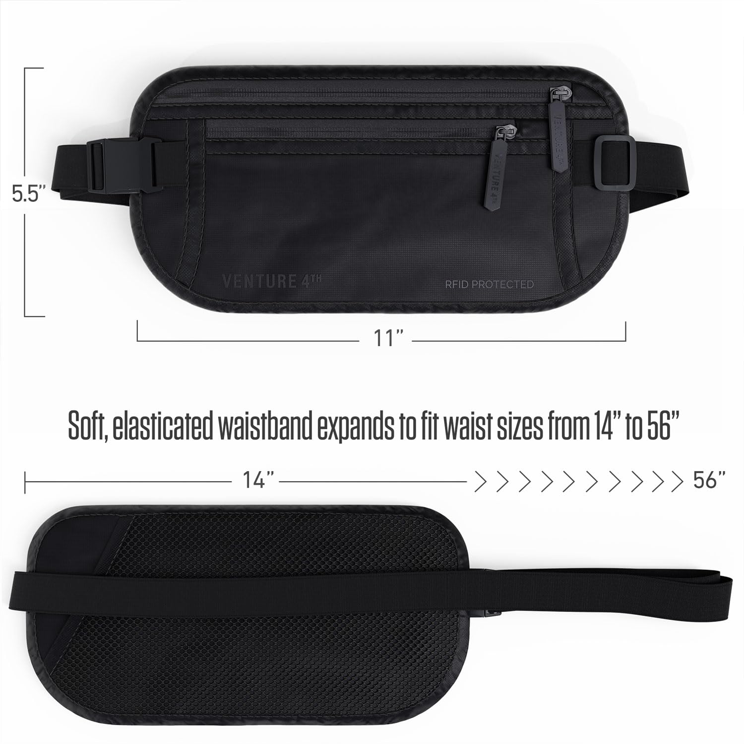 VENTURE 4TH Money Belt for Travel – Hidden Under-Clothes RFID Blocking Passport Holder & Slim Travel Wallet Pouch for Men & Women to Protect Cash, Cards & Documents (Gray)