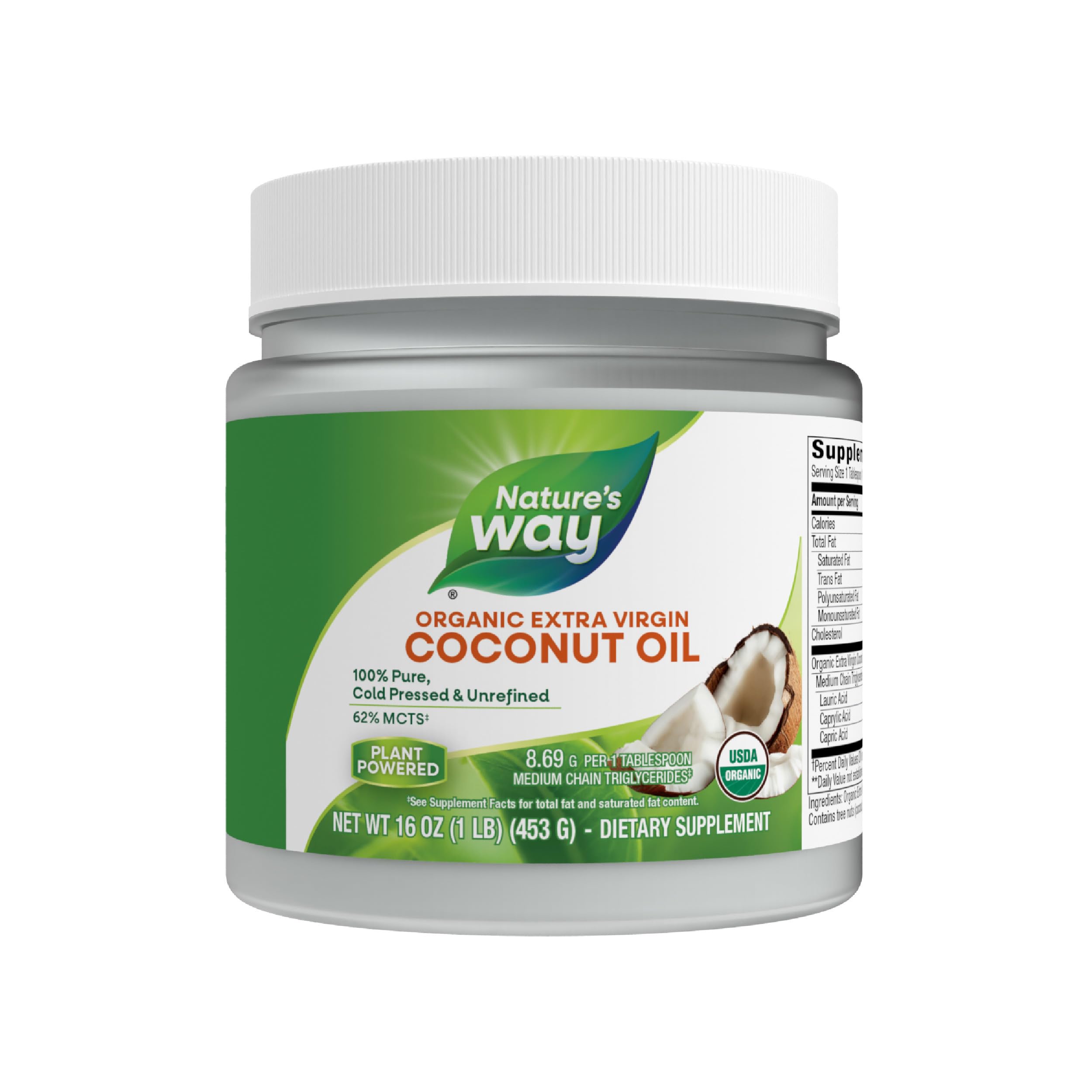 Nature's Way USDA Organic Extra Virgin Coconut Oil- Pure, Cold-Pressed, Non-GMO, 16 Ounces