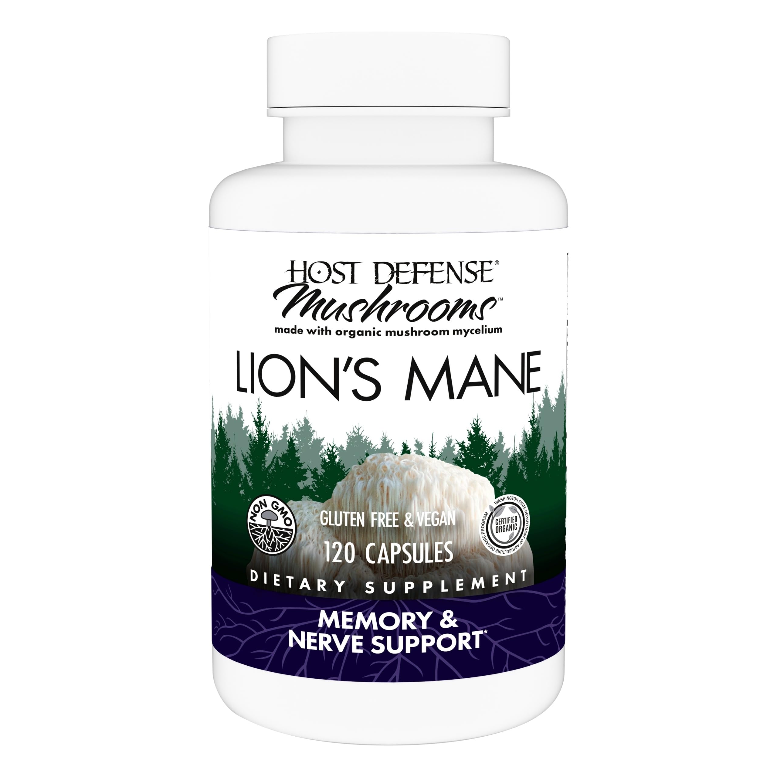 Host Defense Mushrooms Lion's Mane - Supplement Capsules for Brain Health Support - Mushroom Support for Focus & Memory Function - Immune & Nervous System Supplement - 60 Capsules
