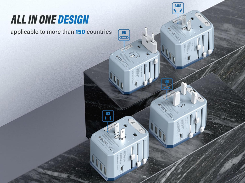 EPICKA Universal Travel Adapter, European Travel Plug Adapter (Not a Voltage Converter) - International Power Adapter Worldwide Charger with USB-C & 4 USB-A Ports, Travel Essentials (TA-105, Grey)