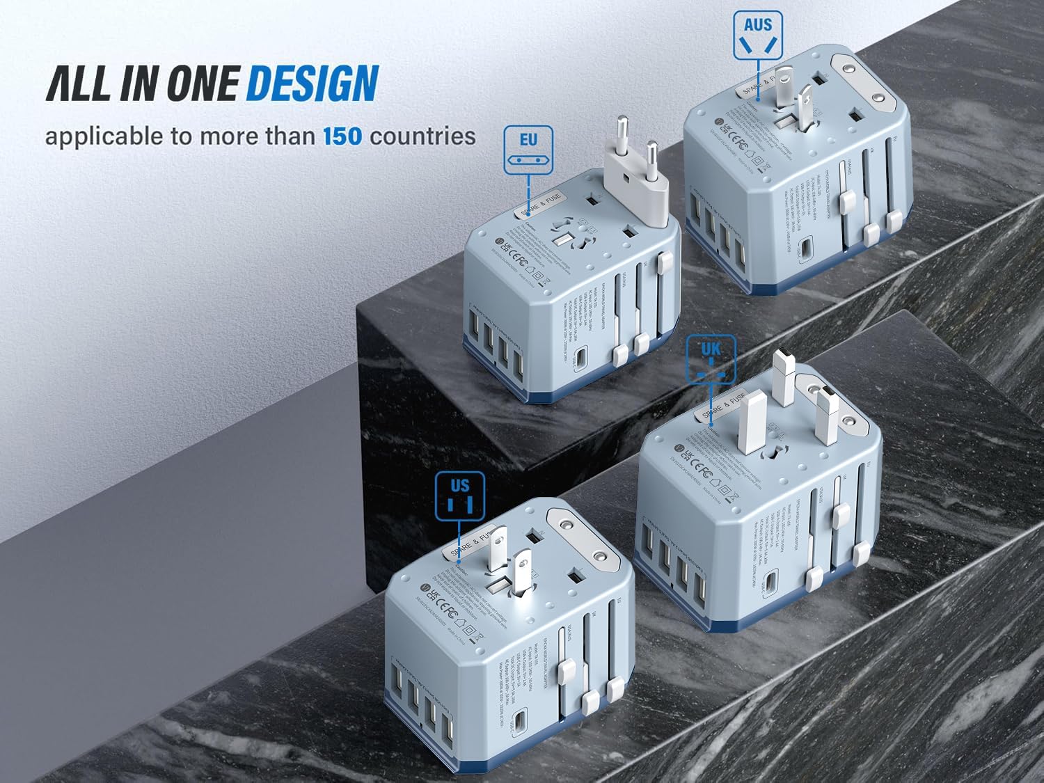 EPICKA Universal Travel Adapter, European Travel Plug Adapter (Not a Voltage Converter) - International Power Adapter Worldwide Charger with USB-C & 4 USB-A Ports, Travel Essentials (TA-105, Grey)