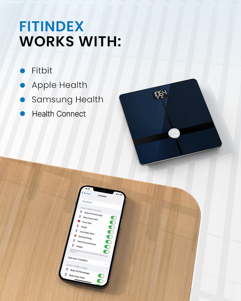FITINDEX Smart Scale for Body Weight, Scale with BMI, Body Fat, Muscle Mass, Digital, Bathroom, Weighing, Bluetooth, Body Composition Monitor Health Analyzer with App, 400lb, Black