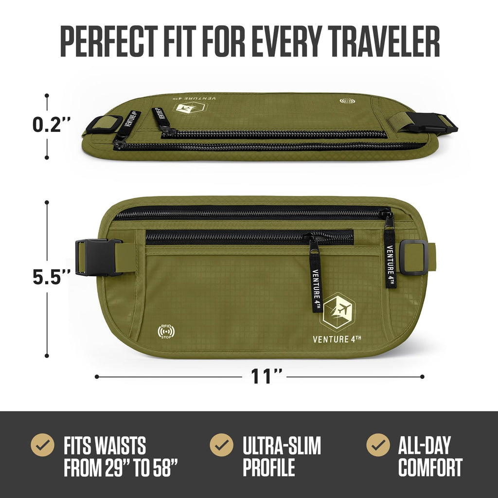 VENTURE 4TH Money Belt for Travel – Hidden Under-Clothes RFID Blocking Passport Holder & Slim Travel Wallet Pouch for Men & Women to Protect Cash, Cards & Documents (Gray)