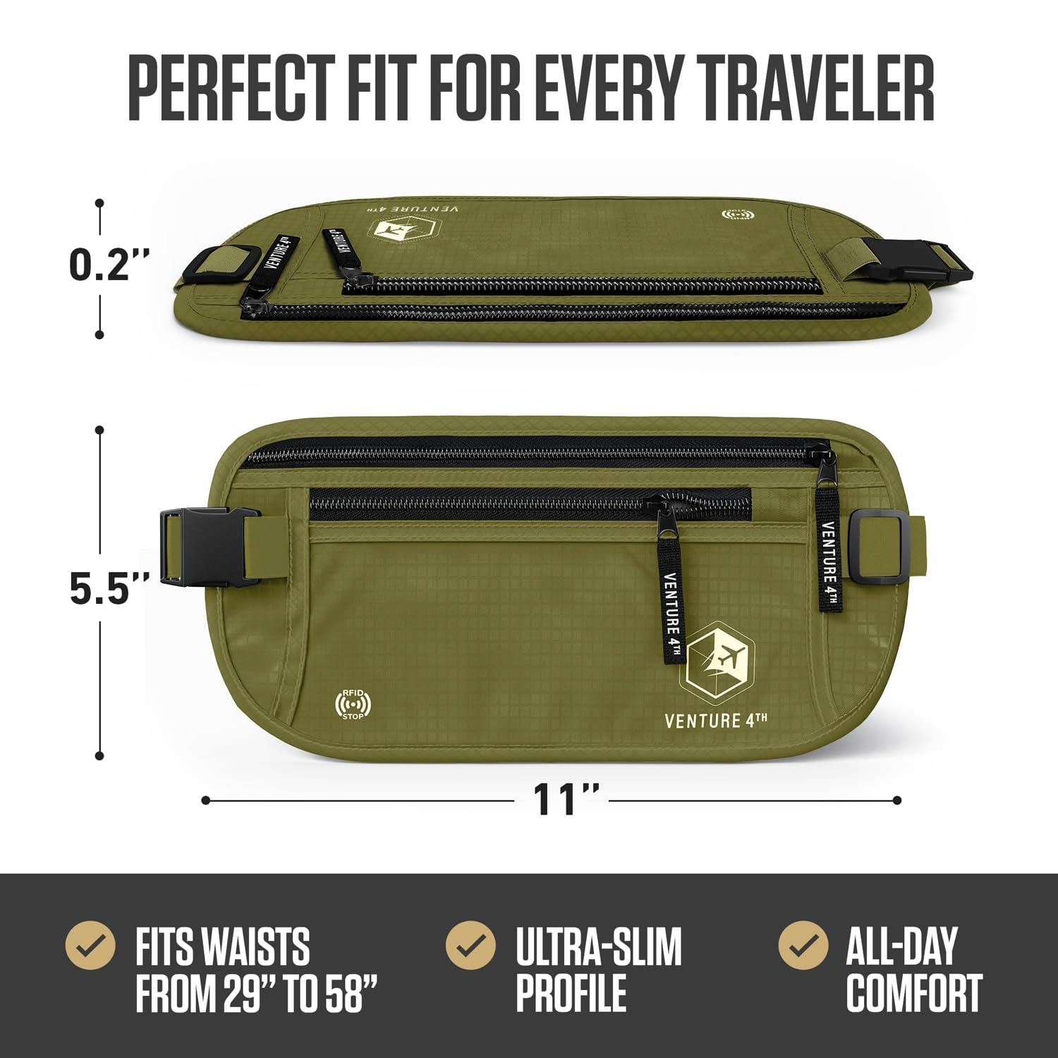 VENTURE 4TH Money Belt for Travel – Hidden Under-Clothes RFID Blocking Passport Holder & Slim Travel Wallet Pouch for Men & Women to Protect Cash, Cards & Documents (Gray)