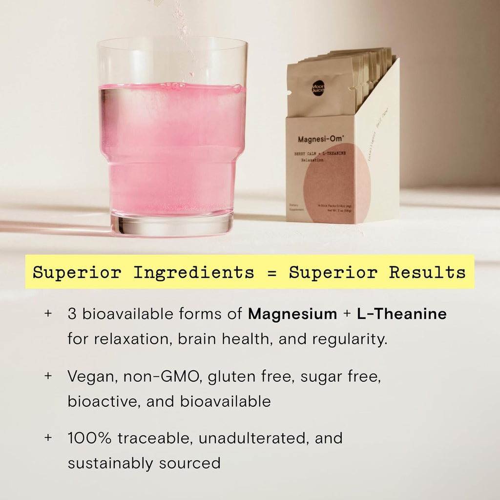 Moon Juice Magnesi-Om | Berry Calm + L-Theanine | for Natural Calm, Relaxation & Regularity | Magnesium Acetyl Taurinate, Gluconate, Citrate | Sugar Free Berry Flavor Sticks (2oz)