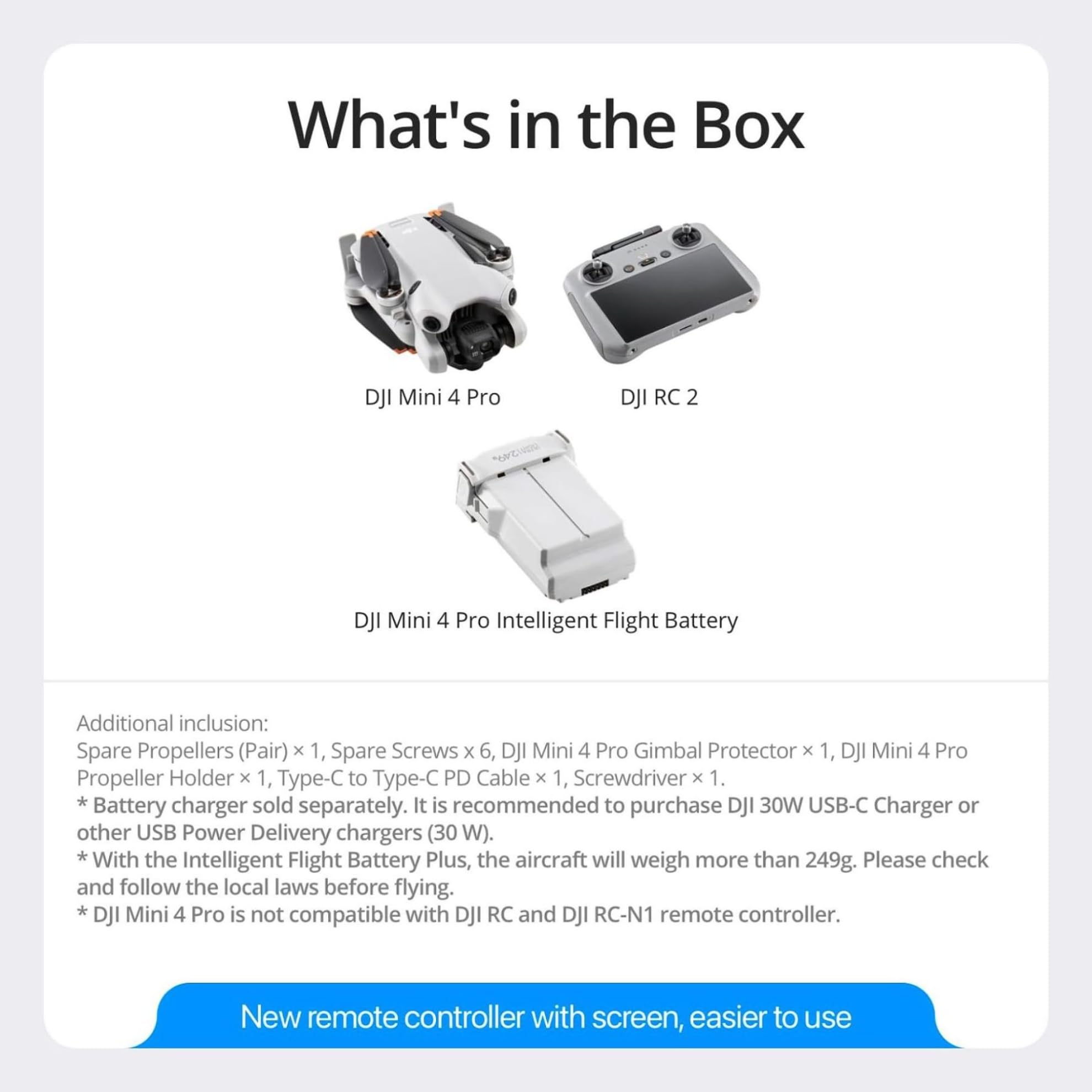 DJI Mini 4 Pro (DJI RC 2), Drones with Camera for Adults 4K, Under 0.549 lbs/249 g, 34 Mins Flight Time, 20km Max Video Transmission Distance, Omnidirectional Vision Sensing, Mini Drone for Beginners